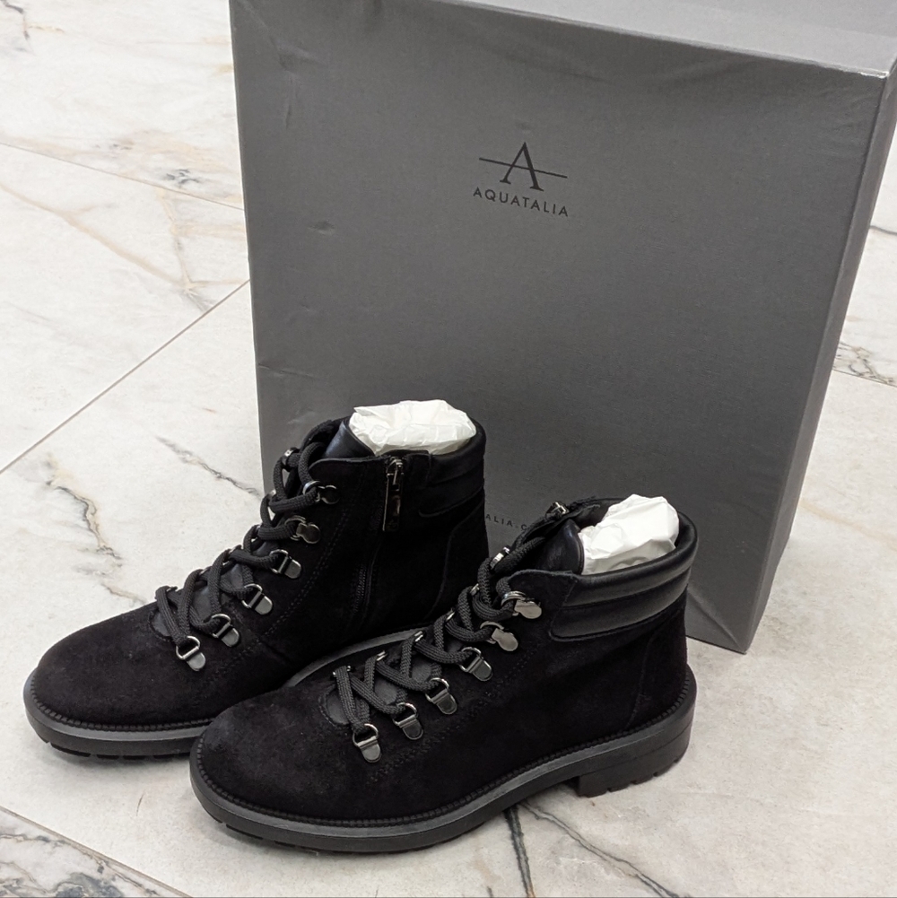 NEW $595 Aquatalia Women's Liviana Black Suede Lace Up Ankle Booties 5.5